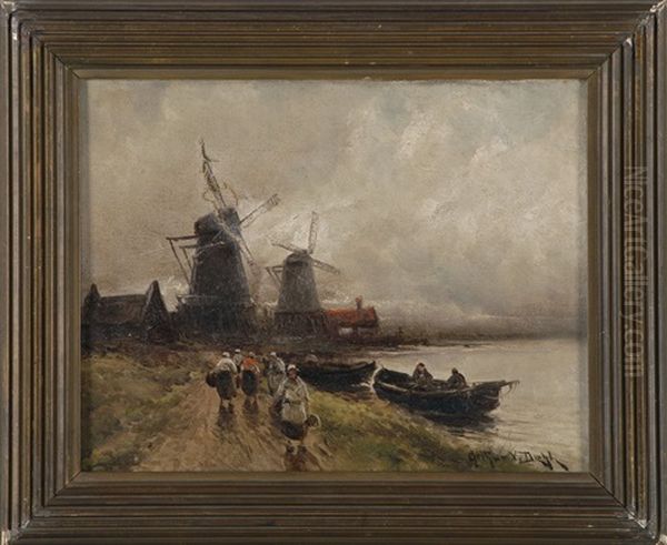 Dutch Scene With Windmills And Figures Oil Painting by Arthur Vidal Diehl