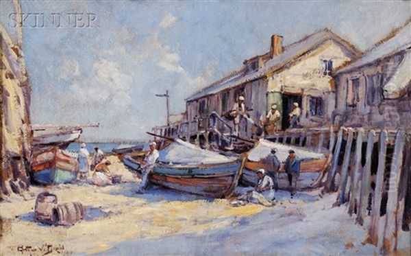 Figures And Sailboats At A Sunny Boatyard Oil Painting by Arthur Vidal Diehl