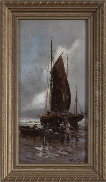 Fishing Boat On A Beach Oil Painting by Arthur Vidal Diehl