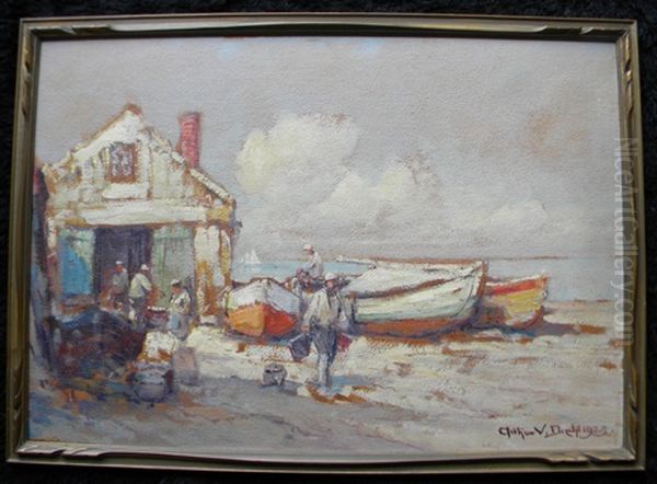 Untitled (fishermen, Shack, Beached Boats) Oil Painting by Arthur Vidal Diehl