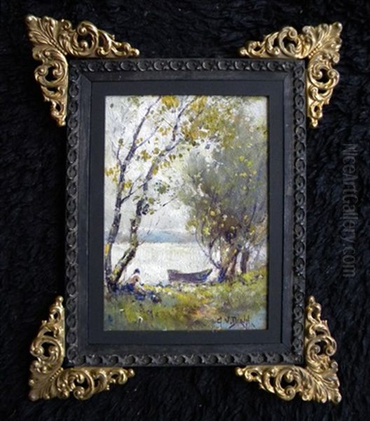 Untitled Lake, Boat And Person Oil Painting by Arthur Vidal Diehl