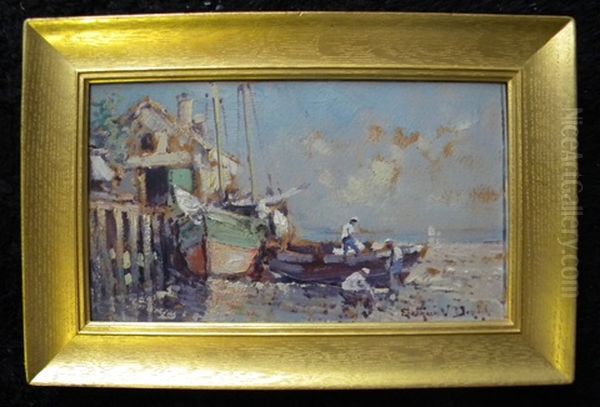 Untitled Fishermen, Boats And Pier Oil Painting by Arthur Vidal Diehl