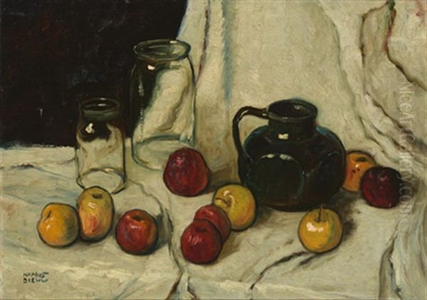 Stilleben Mit Apfeln, Glasern Und Krug Auf Weisem Tuch Oil Painting by Hanns Diehl-Wallendorf