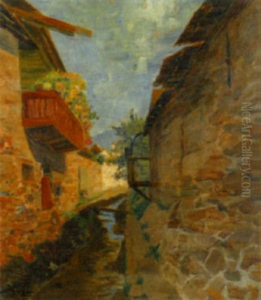 Gassenszene Wohl In Der Wachau, Mit Befestigtem Bachlauf Oil Painting by Hanns Diehl-Wallendorf