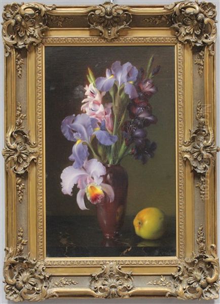 Naturalistisches Blumenstillleben Mit Apfel Oil Painting by Konrad Wilhelm Dielitz