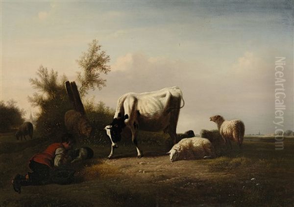 Schafe Und Kuh Auf Der Weide Mit Schlafendem Schafer Oil Painting by Pierre-Emanuel Dielman the Younger