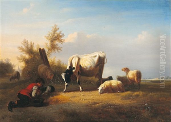 Schafe Und Kuh Auf Der Weide Mit Schlafendem Schafer Oil Painting by Pierre-Emanuel Dielman the Younger