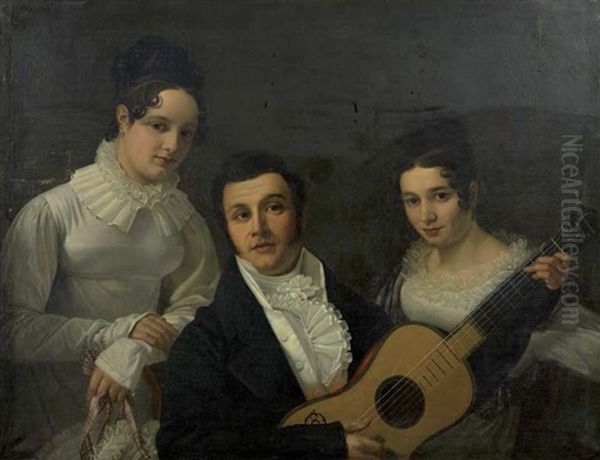 Portrait D'un Musicien Entoure De Deux Jeunes Femmes Oil Painting by Charles Dielman