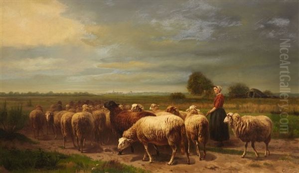 Landscape With A Shepherdess And A Flock Of Sheep Oil Painting by Charles Dielman