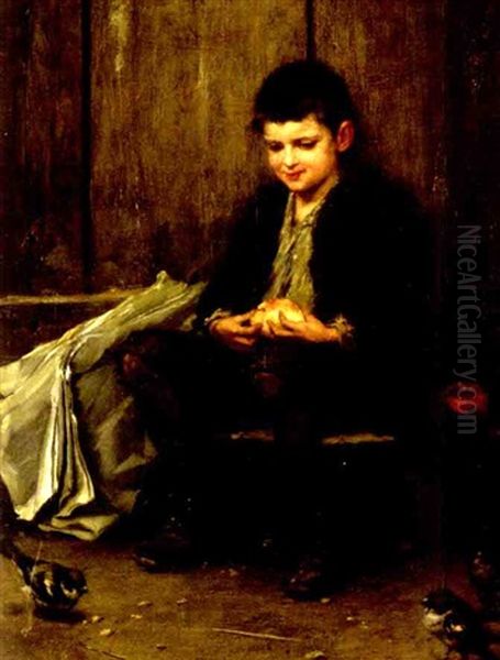 A Boy Peeling An Orange With Sparrows Feeding At His Feet Oil Painting by Frederick Dielman