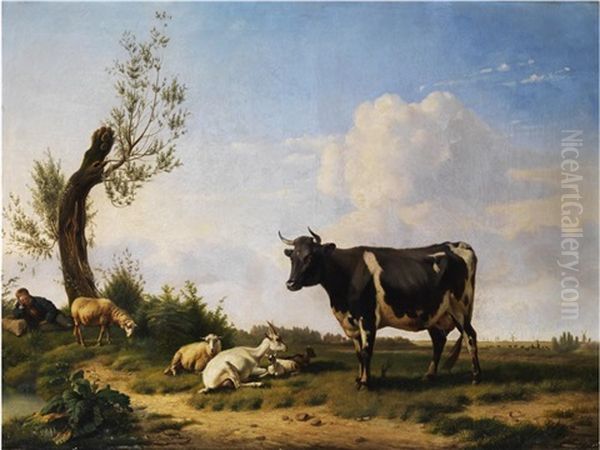 Landschaft Mit Kuh, Ziegen, Schafen Und Schlafendem Schafer Oil Painting by Pierre Emmanuel Dielman