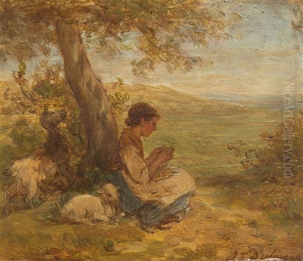 Strickendes Hirtenmadchen Unter Einem Baum Oil Painting by Jakob Fuerchtegott Dielmann