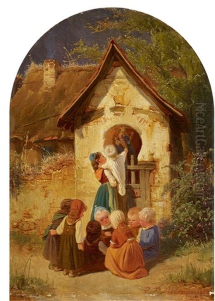 Children By A Chapel Oil Painting by Jakob Fuerchtegott Dielmann