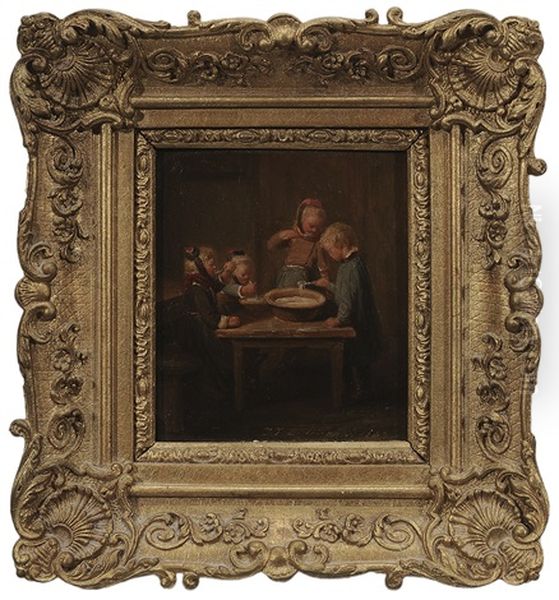 Children Eating Porridge Oil Painting by Jakob Fuerchtegott Dielmann