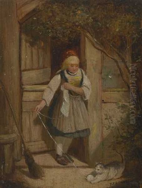 Madchen Mit Katze Vor Dem Haus Oil Painting by Jakob Fuerchtegott Dielmann