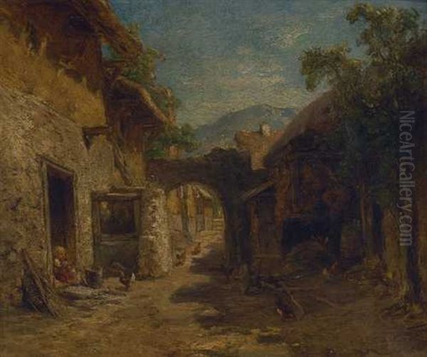 Kleines Madchen Mit Huhnern Im Hof Eines Bauernhauses Oil Painting by Jakob Fuerchtegott Dielmann