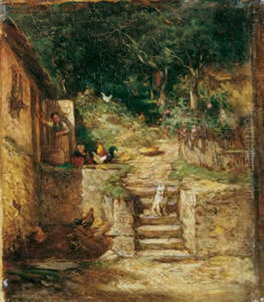 Vor Einem Bauernhaus Ein Auf Stufen Sitzender Spitz Oil Painting by Jakob Fuerchtegott Dielmann