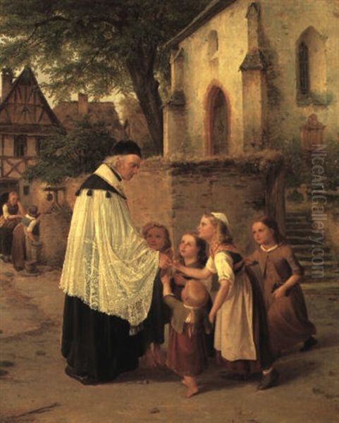 The Children's Greeting Oil Painting by Jakob Fuerchtegott Dielmann