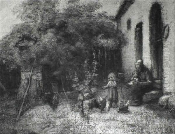 Hofansicht Mit Mutter Und Kindern Oil Painting by Jakob Fuerchtegott Dielmann