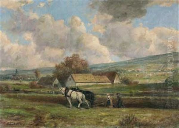 Sommerlandschaft Mit Pflugendem Bauernpaar Vor Oberhessischem Dorf Oil Painting by Julius F. Dielmann