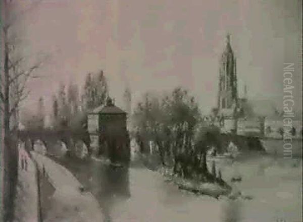 Frankfurt, Blick Von Der Sachsenhausener Seite Auf Die Alte Brucke Und Den Dom Oil Painting by Julius F. Dielmann