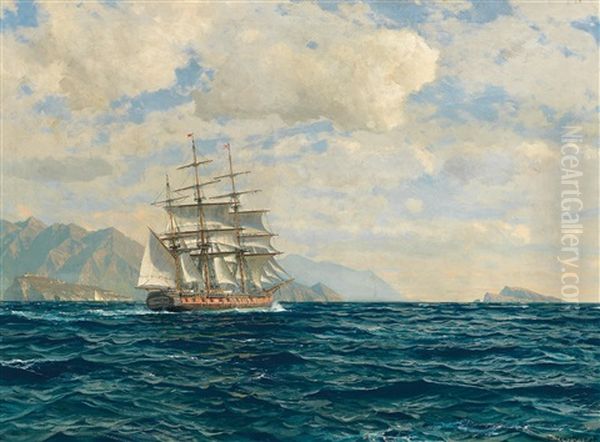 Three-master In The Strait Of Messina Oil Painting by Michael Zeno Diemer