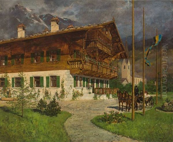 Prachtvolles Gehoft In Oberbayern Vor Aufragendem Massiv Oil Painting by Michael Zeno Diemer