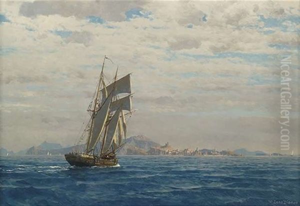 Segelboot Vor Sudlicher Kustenlandschaft Oil Painting by Michael Zeno Diemer