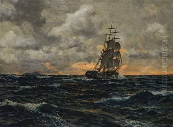 Fregatte, Wie Eine Dreimastbark Getakelt, In Aufgewuhlter See Oil Painting by Michael Zeno Diemer