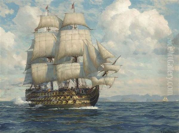 Nelson's Flagship, H.m.s. Victory, Firing A Salute As She Approaches The Fleet Before Trafalgar Oil Painting by Michael Zeno Diemer