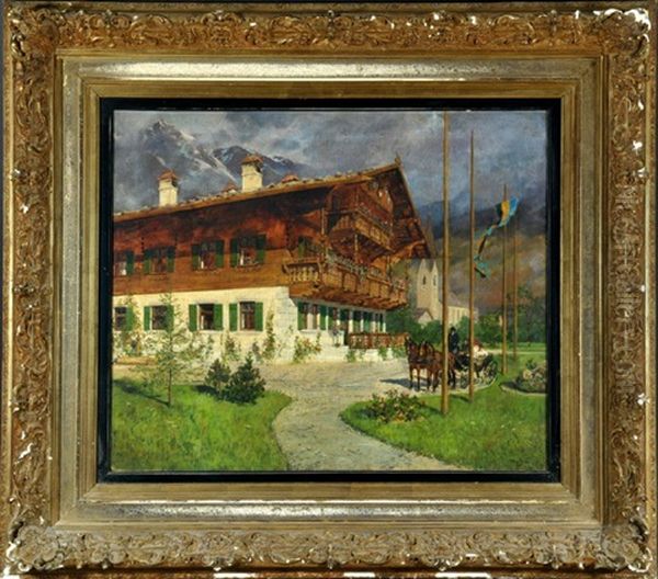 Pferdekutsche Vor Alpenlandischem Gutshof Oil Painting by Michael Zeno Diemer