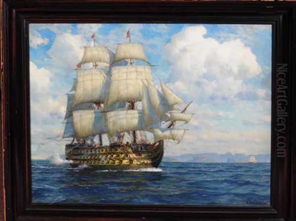 Hms Victory Under Full Sail At Battle Stations Oil Painting by Michael Zeno Diemer