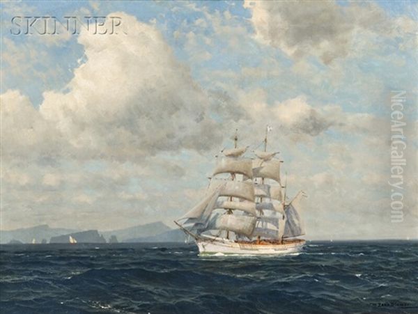 Square-rigged Ship Under Sail, Coastal Craft And Cliffs Beyond Oil Painting by Michael Zeno Diemer