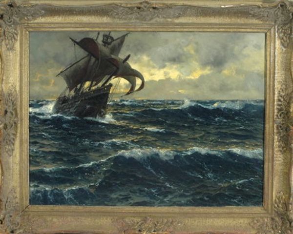 Segelschiff Bei Sturm Auf Schaumender See Im Abendlicht Oil Painting by Michael Zeno Diemer