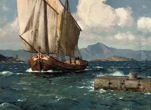 A Fishing Vessel Running Before The Wind Off The Albanian Coast Oil Painting by Michael Zeno Diemer