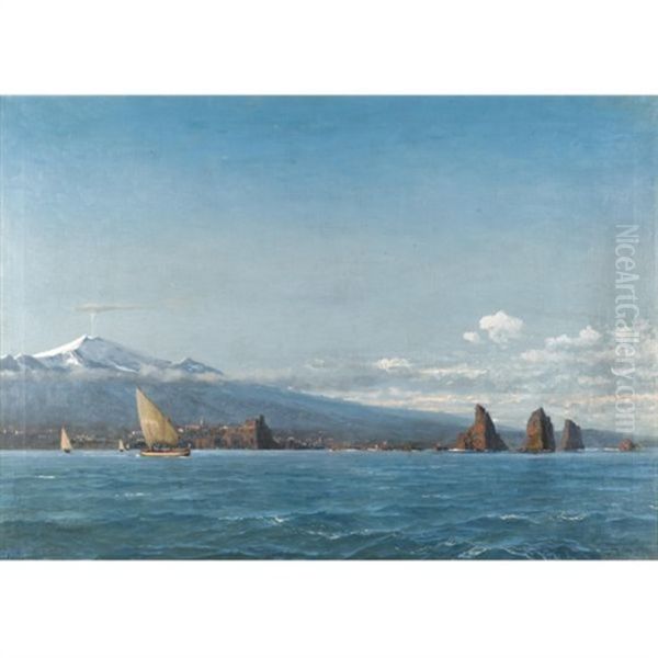 Segelboote Vor Dem Atna - Sailing Boats Before Mount Etna Oil Painting by Michael Zeno Diemer