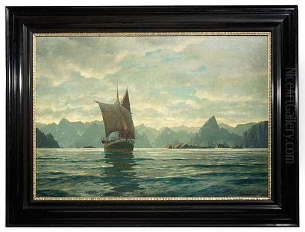 Lomaden Norwegen. Segelschiff Vor Beeindruckender Gebirgskulisse Oil Painting by Michael Zeno Diemer