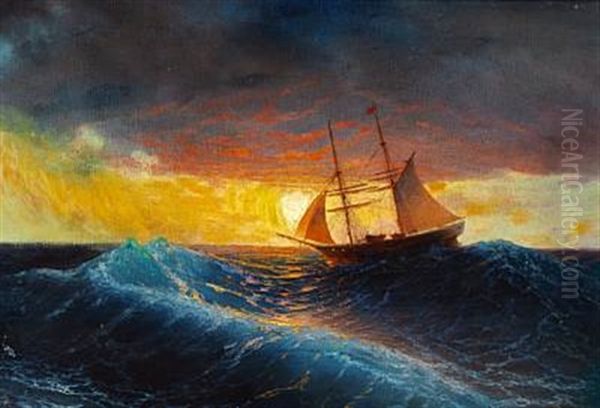 Sailing Ship At Sea In The Sunset Oil Painting by Michael Zeno Diemer