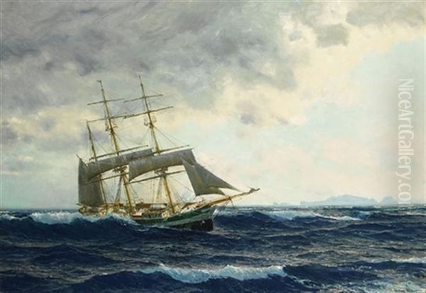 Eine Bark Unter Teils Gerefften Segeln Vor Fernem Kustengebirge Oil Painting by Michael Zeno Diemer