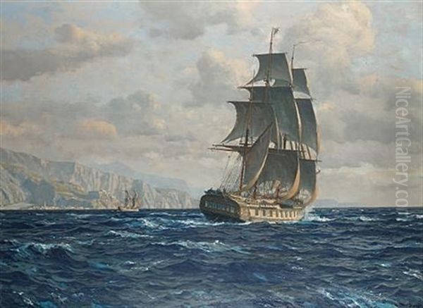 A Frigate Off The Coast Near Rio De Janeiro, Brazil Oil Painting by Michael Zeno Diemer