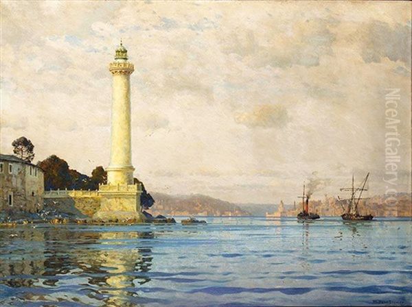 The Lighthouse At Seraglio Point, Leander's Tower And The Golden Horn Beyond Oil Painting by Michael Zeno Diemer