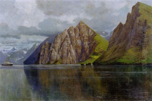 Nordlandfjord Mit Einem Dampfschiff Oil Painting by Michael Zeno Diemer