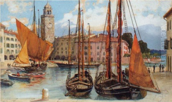 Segelbooten Im Hafen Von Riva Oil Painting by Michael Zeno Diemer