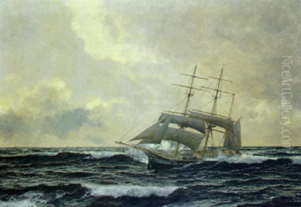 Bark Approching Port And Taking In Sail Oil Painting by Michael Zeno Diemer