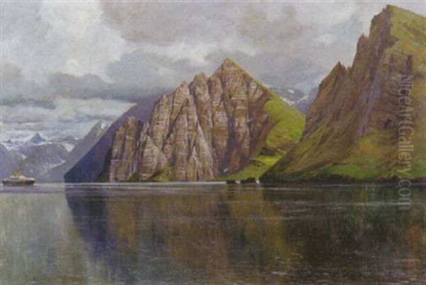 Nordlandfjord Mit Einem Dampfschiff Oil Painting by Michael Zeno Diemer