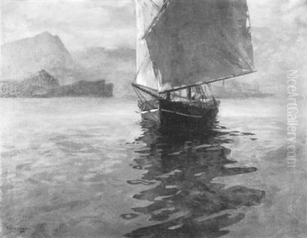 Im Abenddunst Einlaufendes Fischerboot (gardasee?) Oil Painting by Michael Zeno Diemer