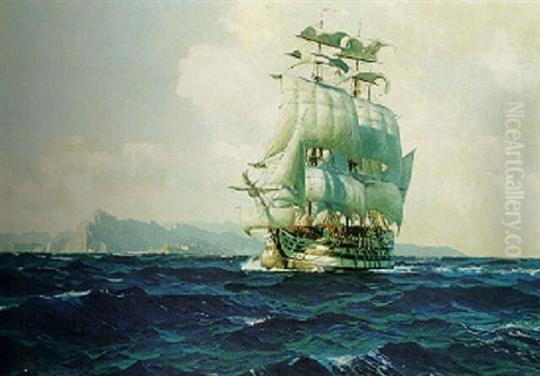 Tall Ship Off The Coast Oil Painting by Michael Zeno Diemer