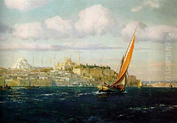 A View Of The Golden Horn On The Bosphorus, Istanbul Oil Painting by Michael Zeno Diemer