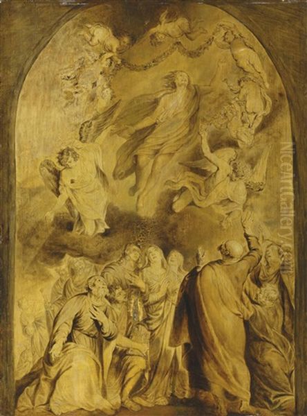 The Resurrection Of Christ, In A Painted Arch - A Modello, En Brunaille Oil Painting by Abraham van Diepenbeeck