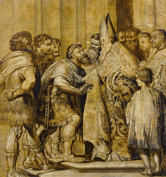 Saint Ambrose And Emperor Theodosius Oil Painting by Abraham van Diepenbeeck